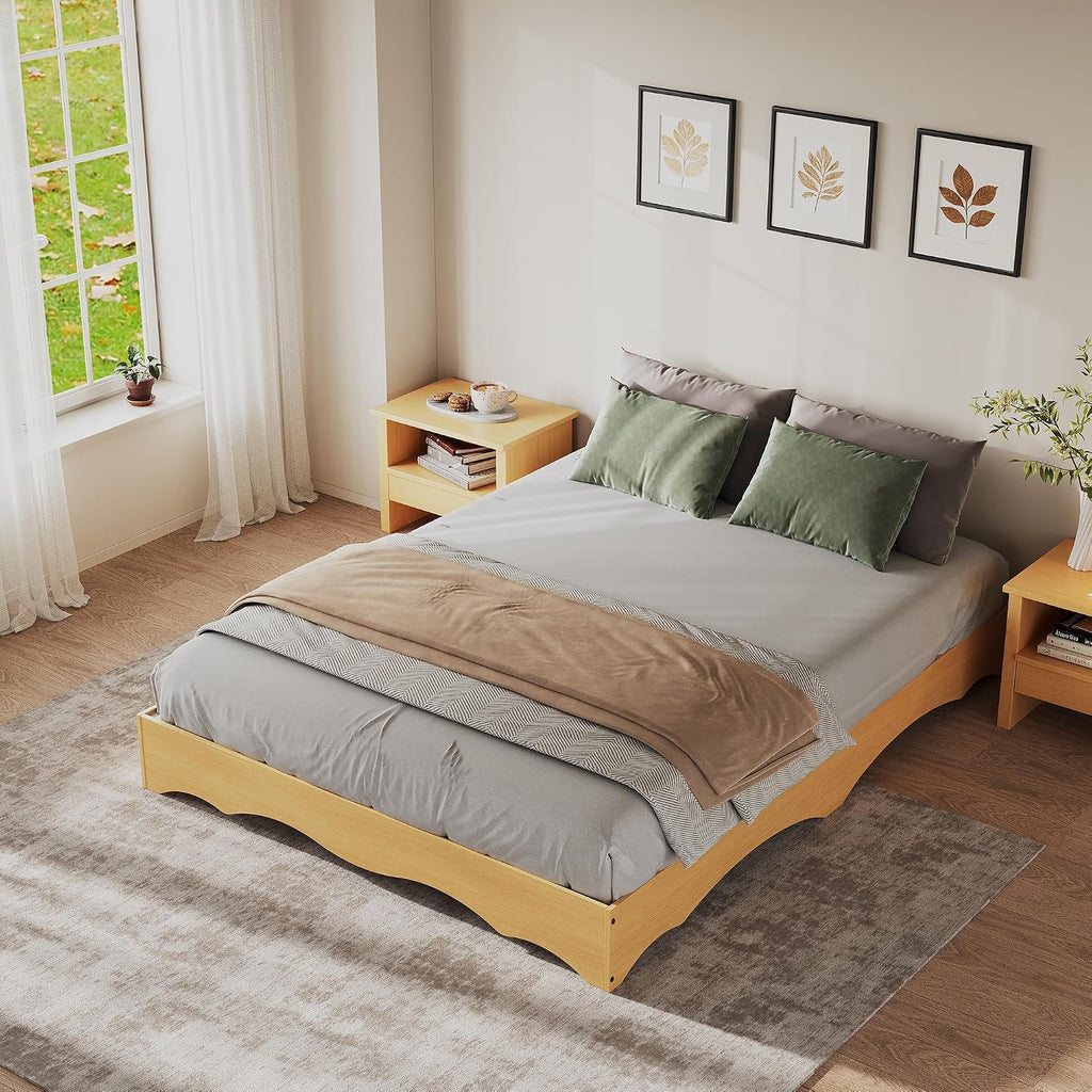 Japanese-Style Low-Profile Wood Platform Floor Bed Frame with Wave Edge, No Headboard, Solid Slat Support