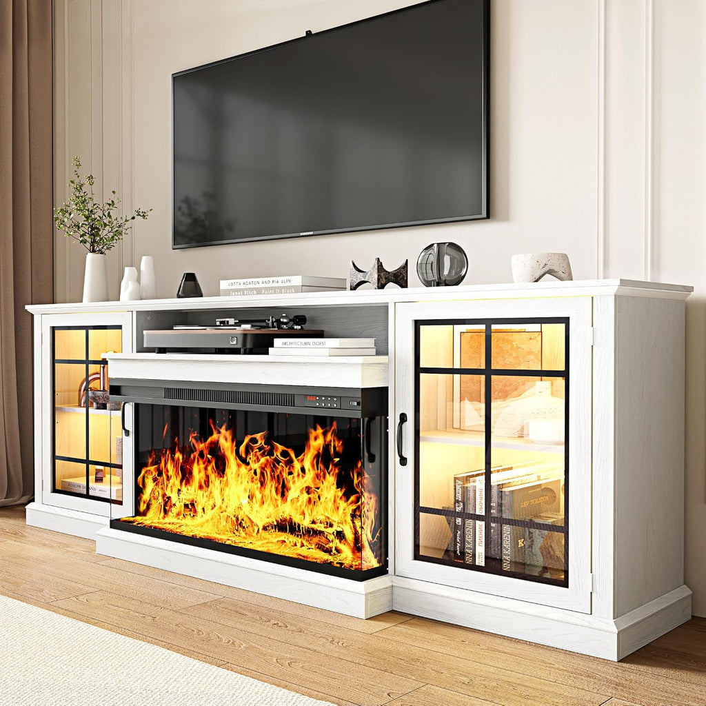 80'' Fireplace TV Stand, Farmhouse Entertainment Center with 3 Sided Glass TV Stand, Modern Media Console Table with