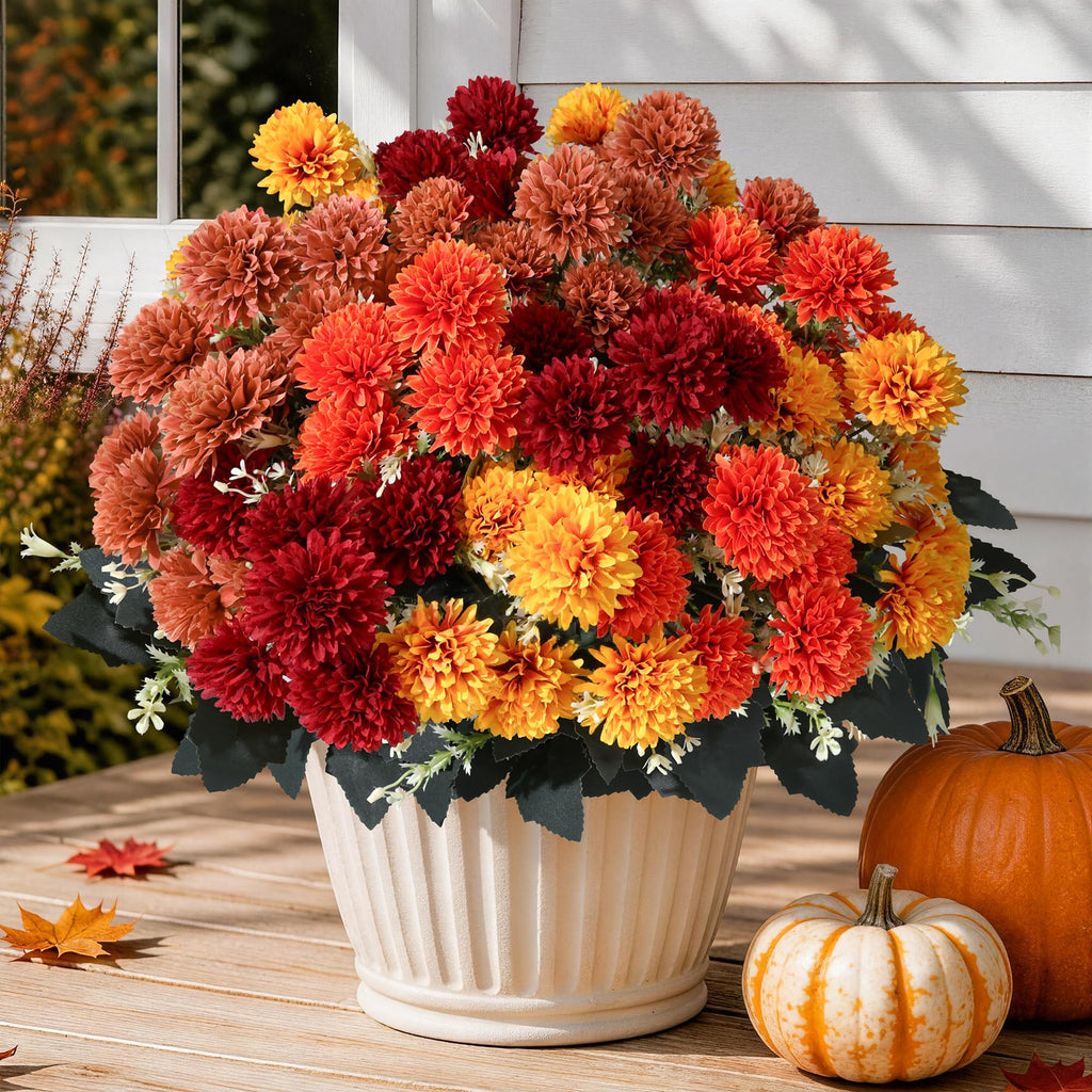 Fake Mums Artificial Fall Flowers for Outdoors Outside Decorations, 12 Bundles Silk Chrysanthemums Fall Flowers Faux
