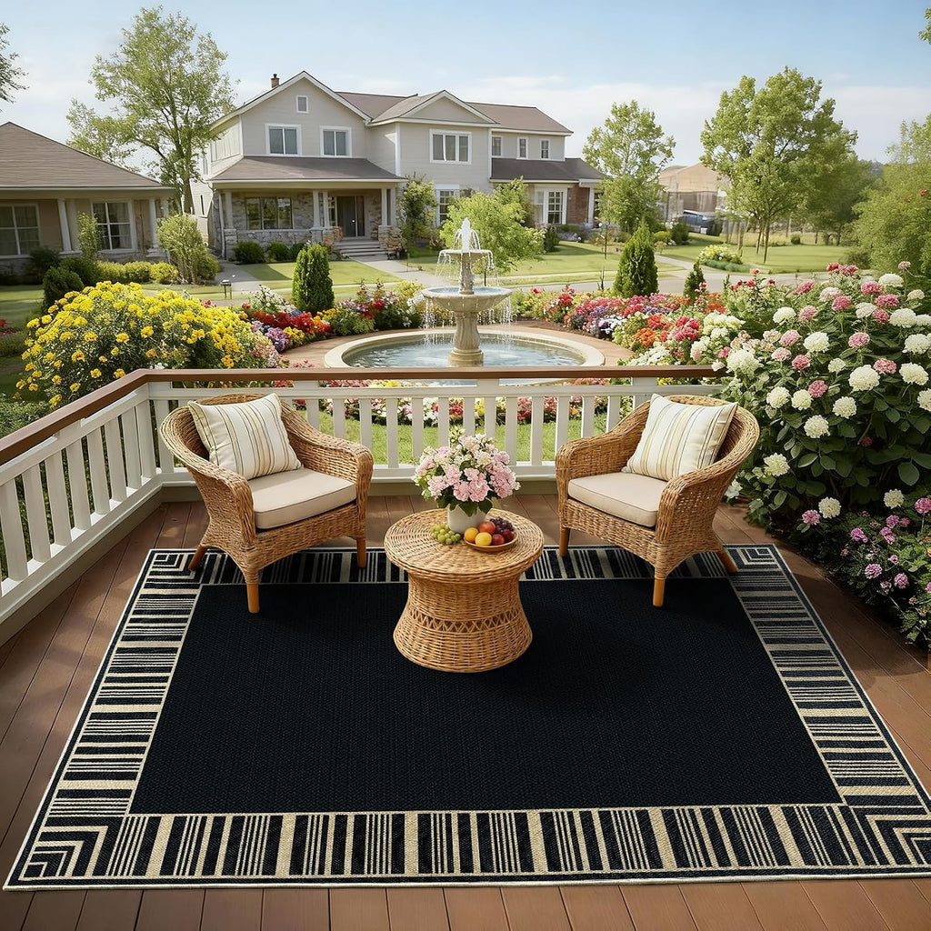 Striped Border Outdoor Rug 5x7 Area Rugs, Washable Rugs Non Slip, Farmhouse Neutral Patio Carpet for Backyard Dining