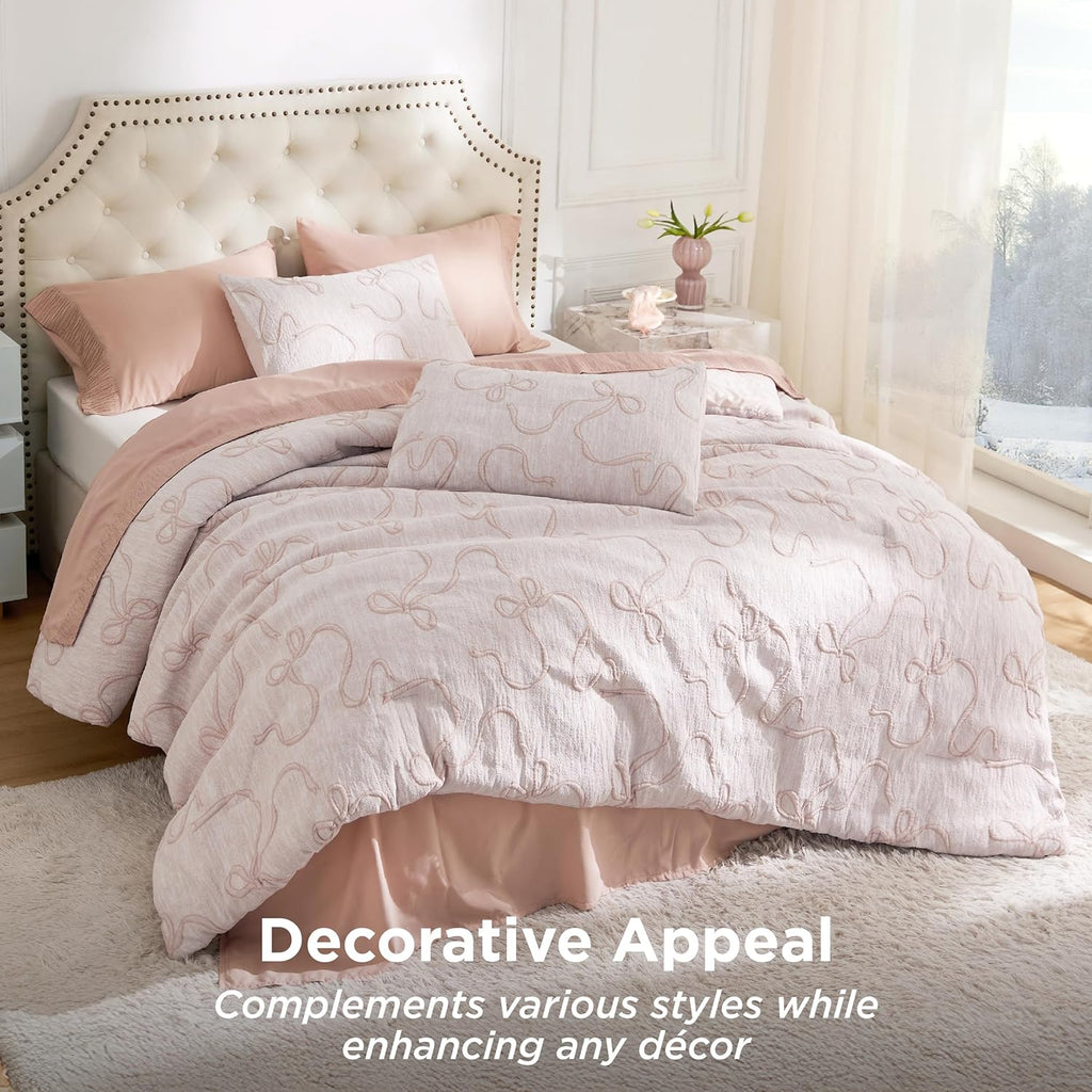 Pink Full Comforter Sets for Girls, GentleSoft 3 Pieces Bow Comforter with 2 Pillow Shams, Cute Girls Full Bedding