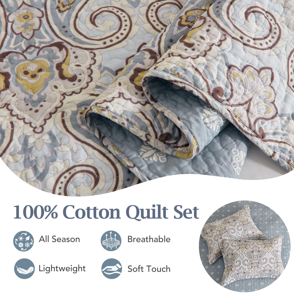Paisley Quilt Set - 100% Cotton Bedding Blue/Gray/Taupe 3Pcs