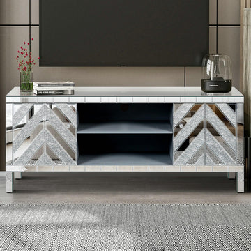 Mirrored TV Stand with Open Storage & 2 Cabinets, for 65+ Inch TV