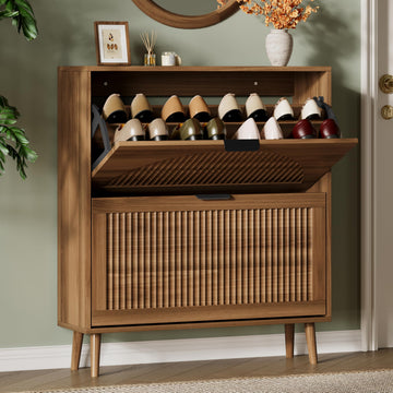 Shoe Storage Cabinet with 2 Flip Drawers, 36" Tall Narrow Wood Fluted Shoe Organizer, Freestanding Wooden Hidden