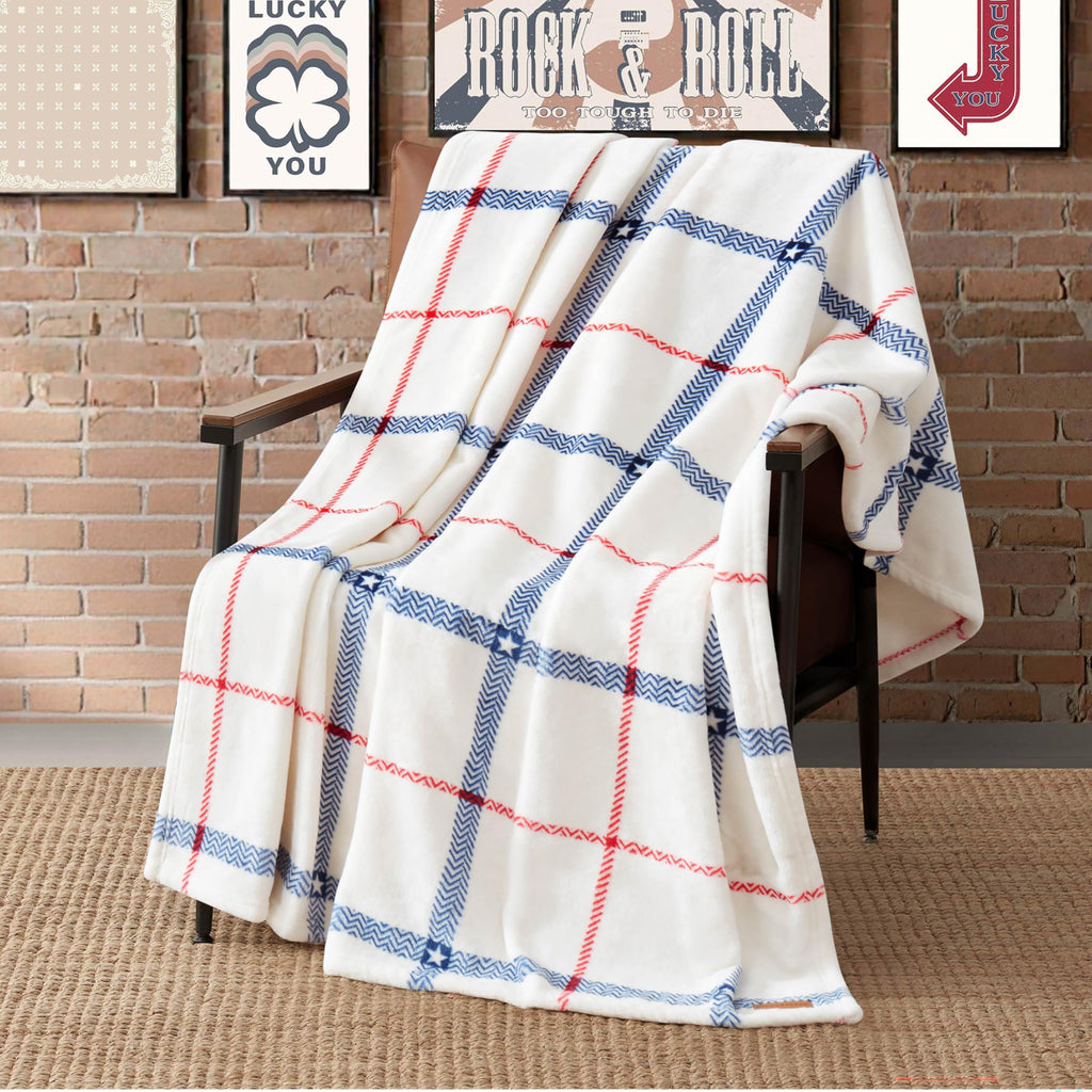 50" x 70" Plush Throw Blanket, Ditsy Star Plaid White Blanket for Sofa or Bed