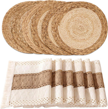Handmade Boho Placemats - Natural Cotton Burlap and Water Straw Woven Rattan Wicker Braided Combination - Set of 6