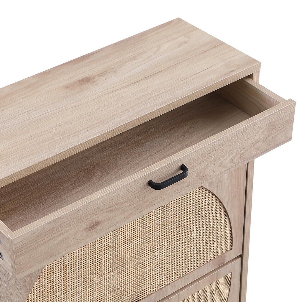 Shoe Cabinet, Natural Semi Circle Rattan Shoe Storage Organizer Cabinet with 2 Flip Drawers, Freestanding Shoe Rack