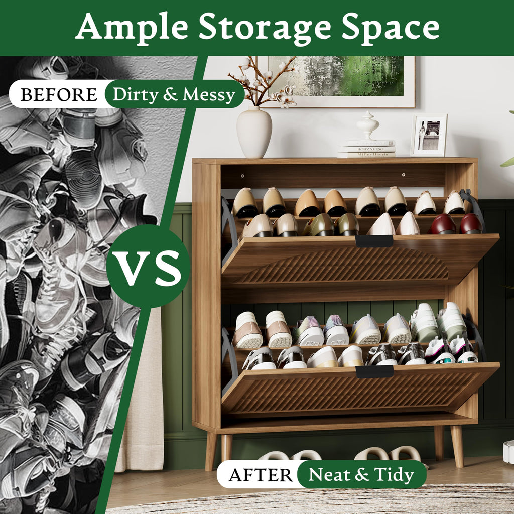 Shoe Storage Cabinet with 2 Flip Drawers, 36" Tall Narrow Wood Fluted Shoe Organizer, Freestanding Wooden Hidden