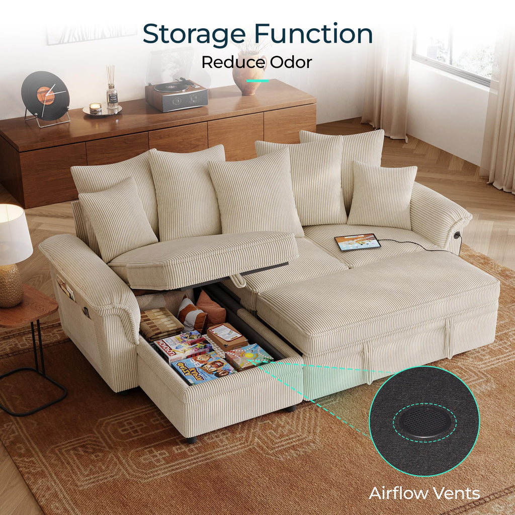 Sectional Couch with Pull Out Bed, Large Corduroy Modular Sleeper Sofa, Storage Chaise, Wide Armrest, 90" 3 Seats