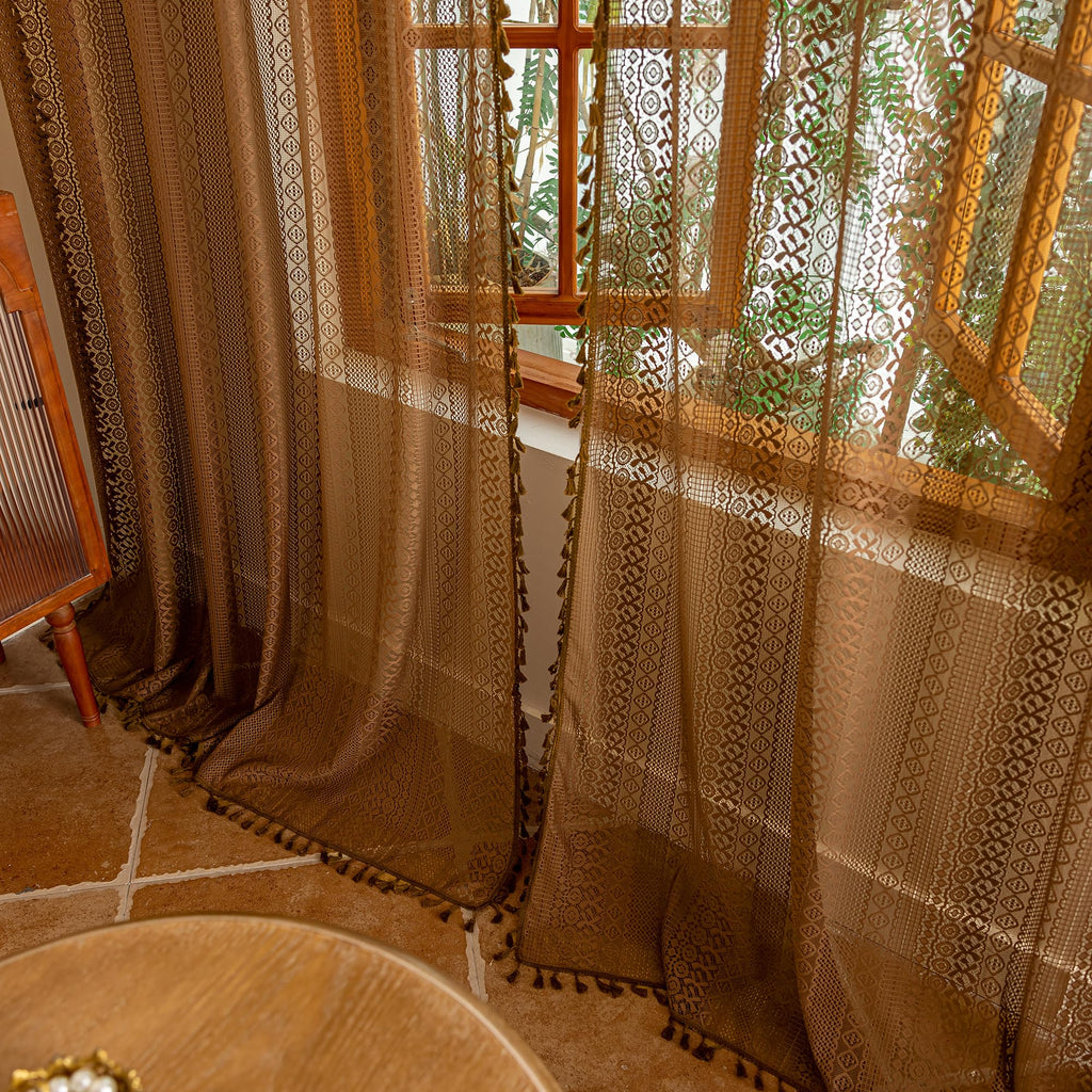 Boho Lace Sheer Curtains 2 Panel Sets Home Office, Semi Sheer Curtains Privacy Country Vintage Tassels Bohemian Style