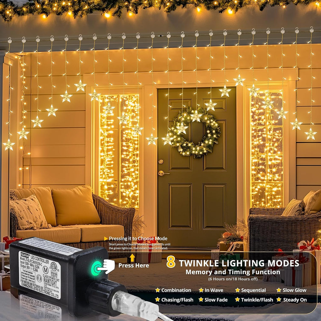 Christmas Star Icicle Curtain Lights,118LED Warm White