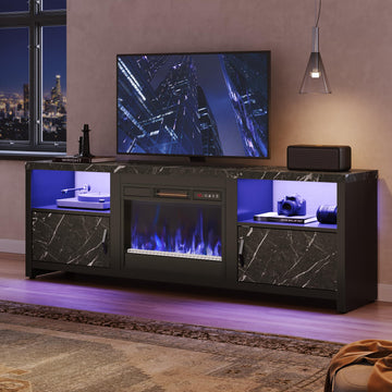70" Electric Fireplace TV Stand for TVs Up to 75", Modern Entertainment Center with Storage Cabinets, LED Lights