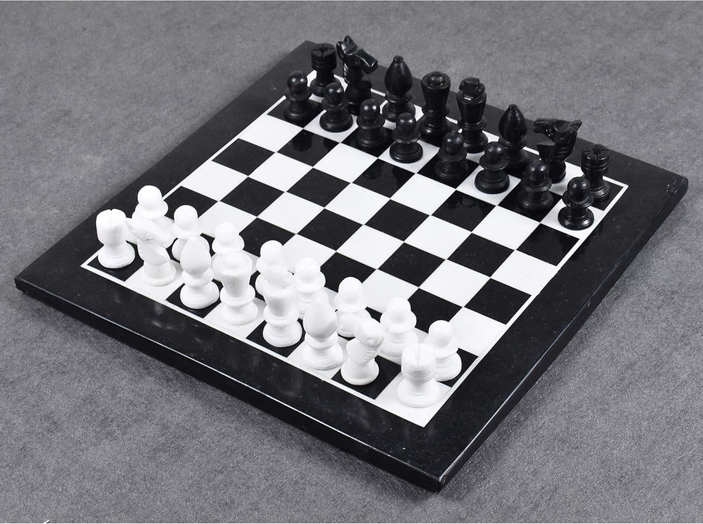 Marble Stone Chess Pieces & Board Set -Black and White - 12" - Minimalist Gift