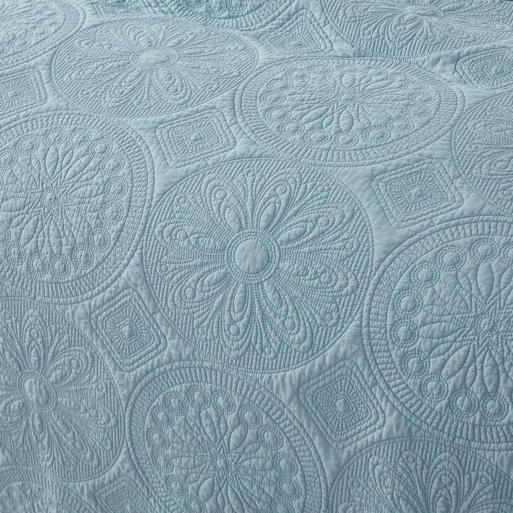 Blue Quilt Set Cotton Queen Chic Medallion Matelasse Coverlet 3PC
