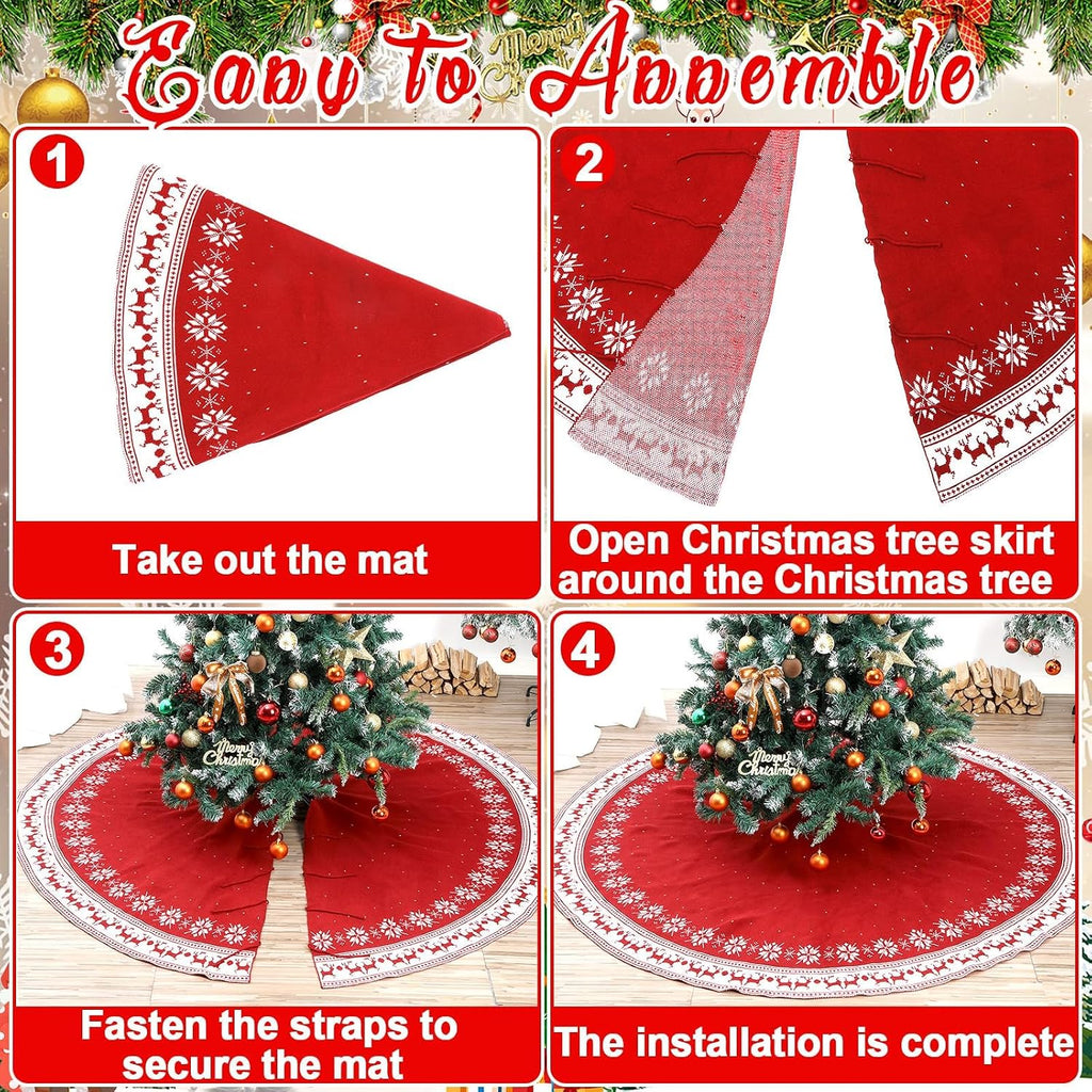 72 Inch Red Christmas Tree Skirt for 7.5 ft to 12ft Tree, Extra Large Vintage Christmas Knitted Tree Skirt Snowflake