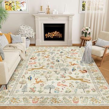 5x7 Rug, Washable Animal Living Room Rug with Non Slip Vintage Design, Soft Low Pile Large Carpet fo