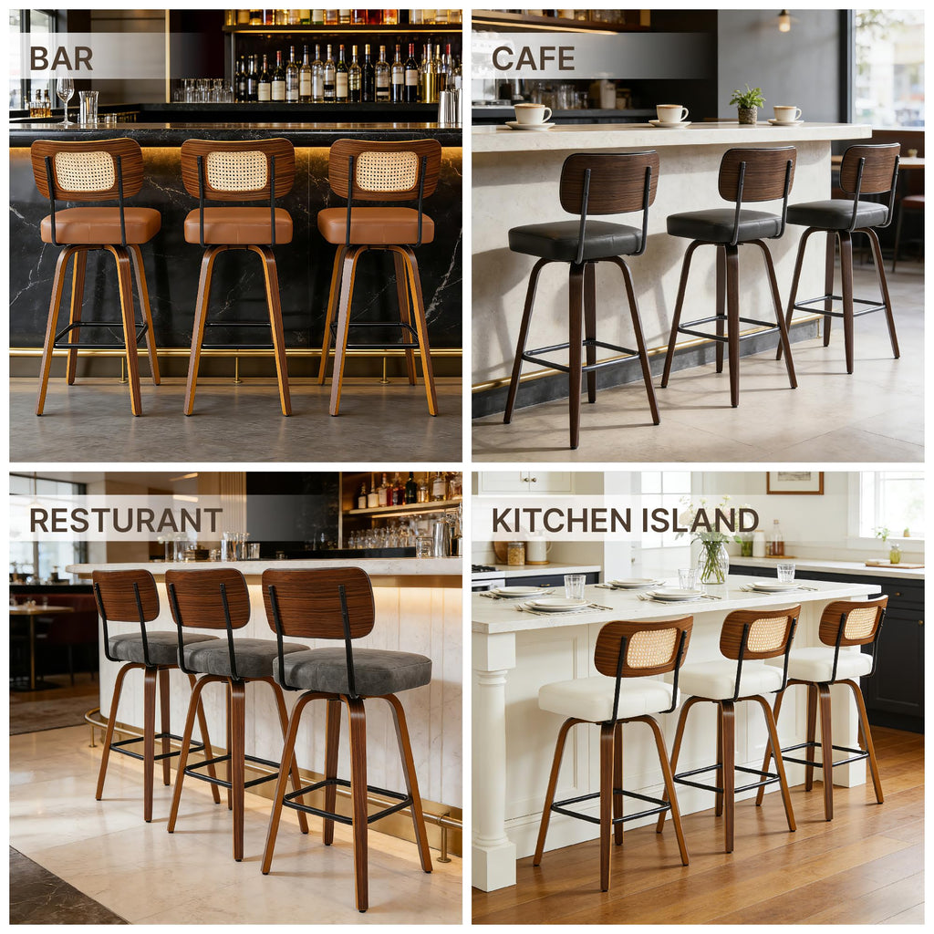 Swivel Bar Stools Set of 2, 26" Counter Height with Rattan Back, Brown