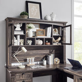 60" L Shaped Executive Desk with Hutch and Drawers, Farmhouse Home Office Desk with Charging Station