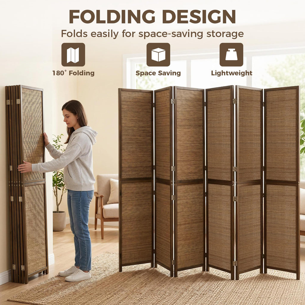6 FT Room Divider, 6 Panel Hand-Woven Bamboo Privacy Screen Brown