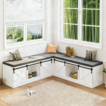 L Shaped Corner Storage Bench with Cushion, Kitchen Breakfast Nook Bench with Sliding Barn Doors, Farmhouse Shoe