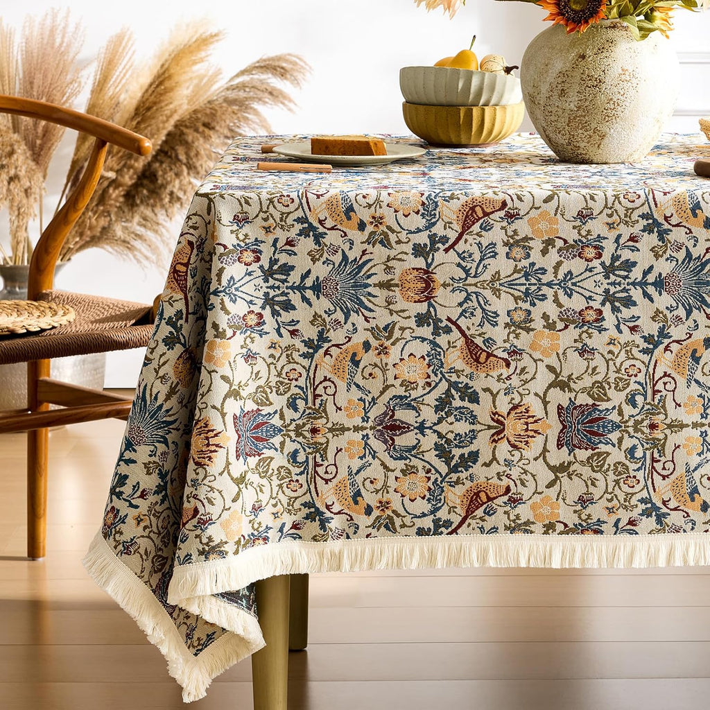 Farmhouse Floral Tablecloths Rectangular Vintage Flower Print Table Cloth with Tassel Rustic French 