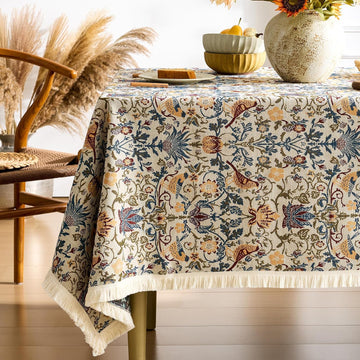 Farmhouse Floral Tablecloths Rectangular Vintage Flower Print Table Cloth with Tassel Rustic French 