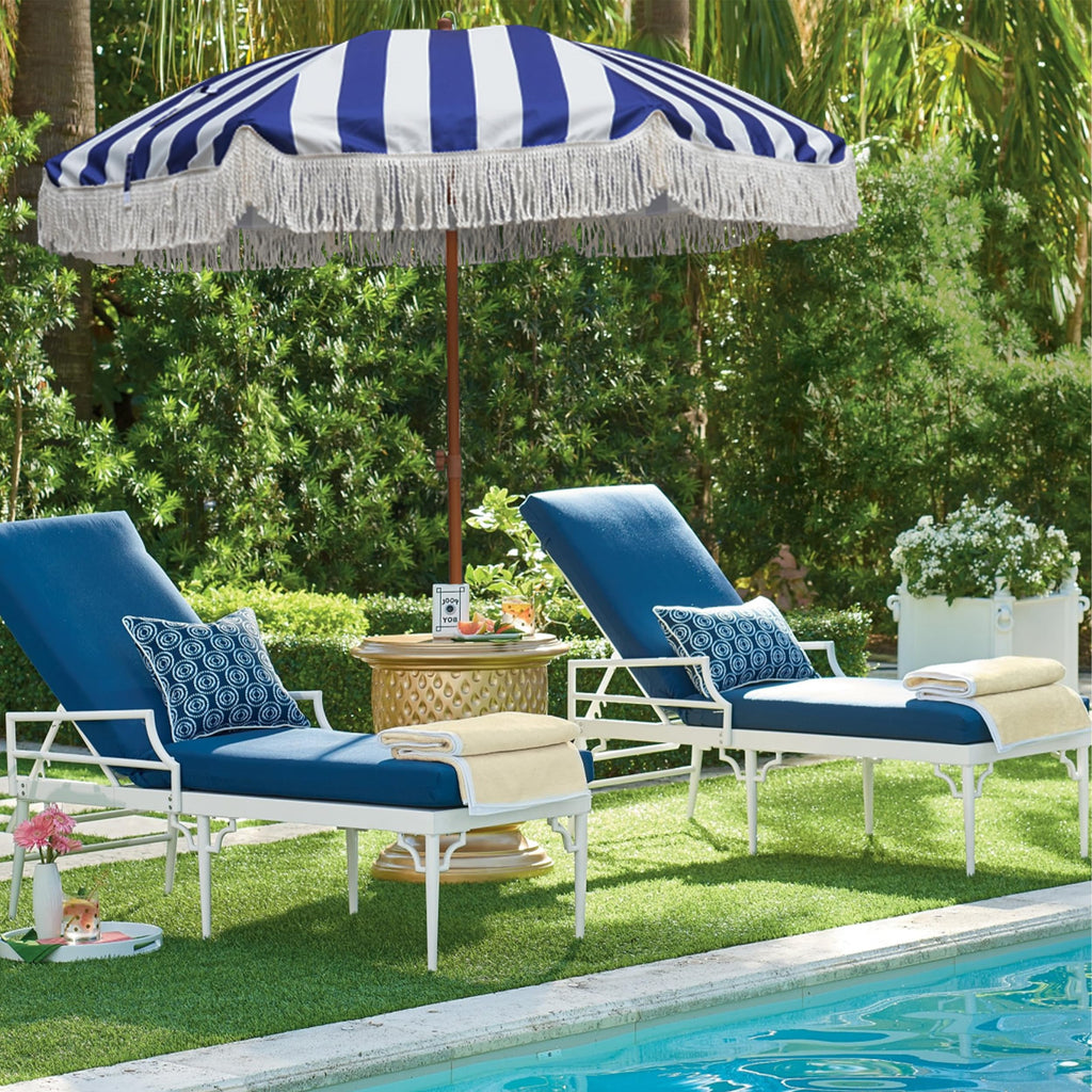 7ft Patio Umbrella with Fringe Outdoor Tassel Umbrella UPF50+ Wood Color Steel Pole and Steel Ribs Push Button Tilt