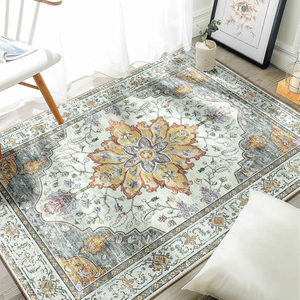 Area Rugs Washable Non-Slip, Floral Vintage Distress Print Pattern Medallion Carpet for Living Room Bedroom