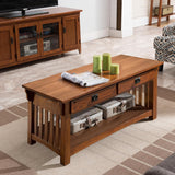 Mission Impeccable Coffee Table, Solid Wood with 2 Drawers & Shelf, Medium Oak Finish, Blackened Hardware