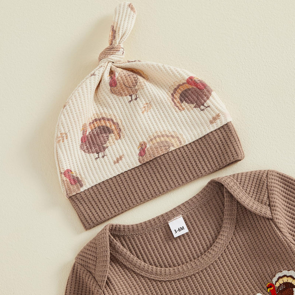 My 1st Thanksgiving Baby Boy Outfit Newborn Embroidered Waffle Long Sleeve Romper Turkey Pants Hat Set 3Pcs Clothes