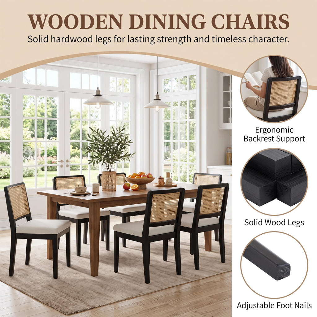 Modern Farmhouse Rattan Dining Chairs Set of 6, Beige Linen Upholstered Dining Room Chair with Cane Back Mid Century