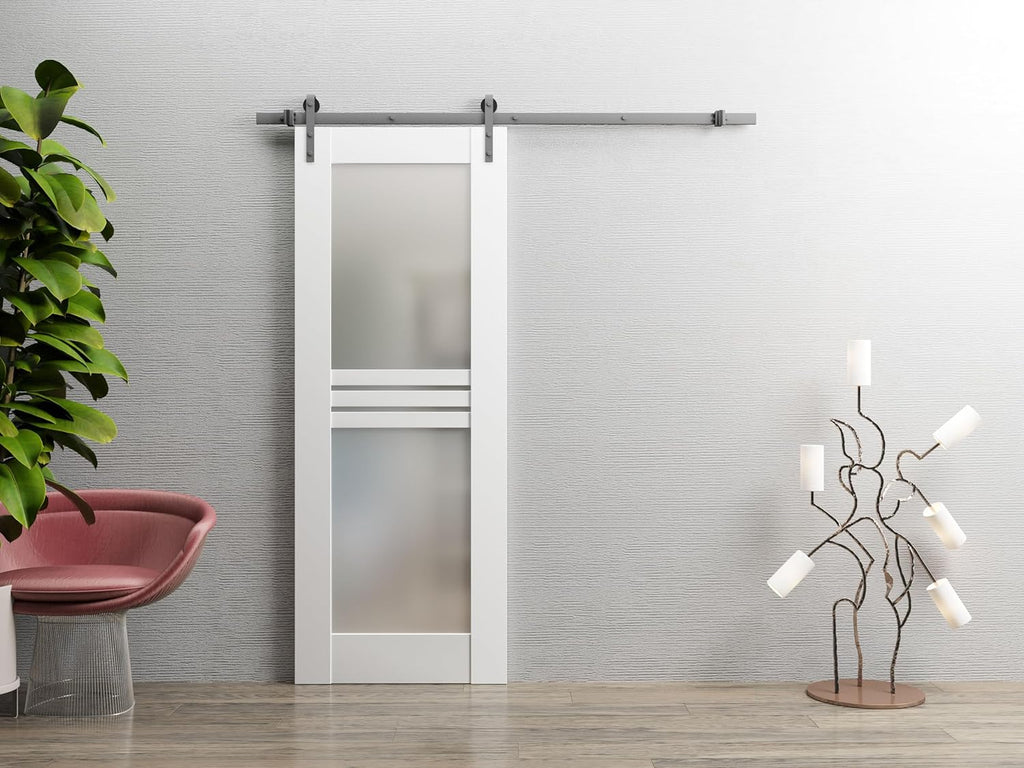 Mela 7222 | Interior Single Sliding barn Door with Frosted Glass, MDF, 24x84, White, Modern Style | 