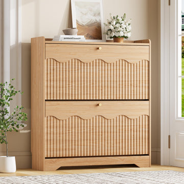 Shoe Storage Cabinet with 2 Flip Drawers and Modern Wave-Edge Fluted Panels, Slim Shoe Rack, Freestanding Narrow