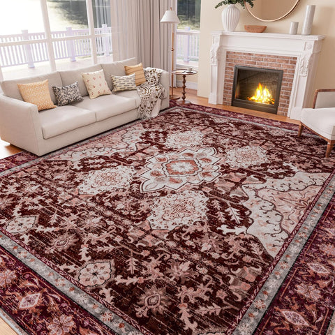 8x10 Washable Vintage Medallion Area Rug, Large Non-Slip Carpet for Living Room Bedroom Red