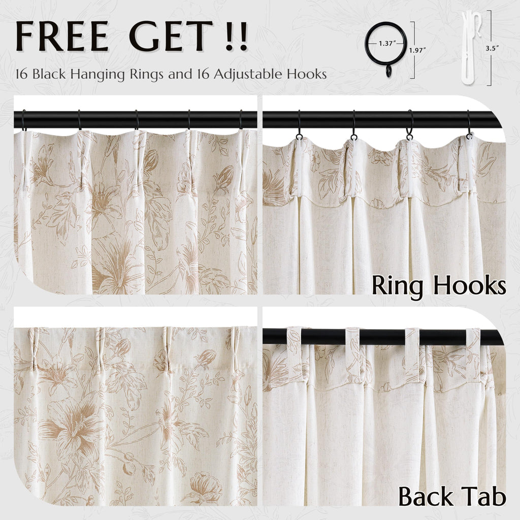 84 Inch Linen Curtains Beige Tan Floral Pattern Pinch Pleat Drapes Bedroom