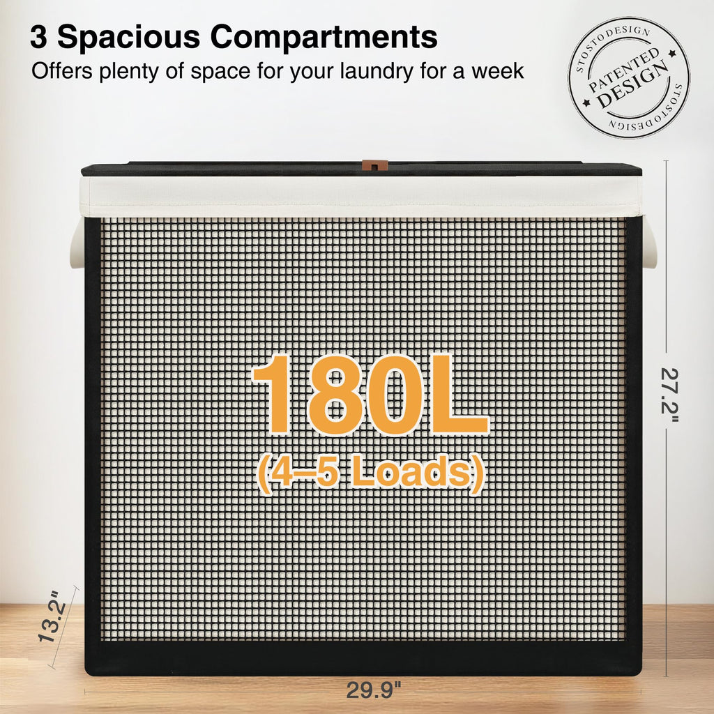 3 Section Laundry Hamper with Lid, 180L Steel-Frame 3 Compartment Laundry Sorter with Removable Washable Liner