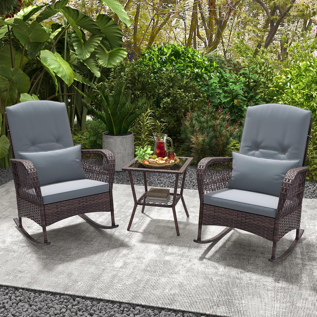 3 Pieces Patio Rocking Chair Set, Wicker Bistro Set (Grey)