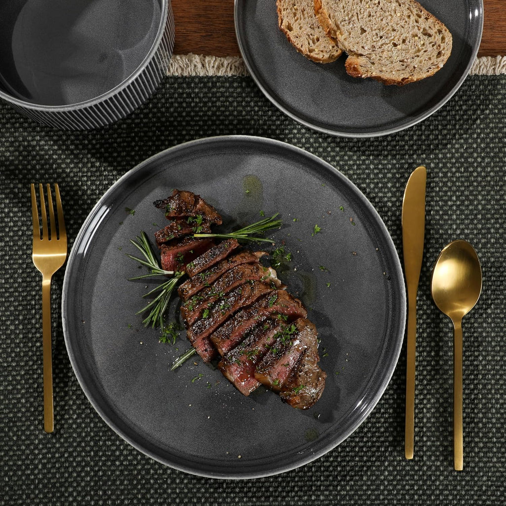 Solana Coast 12 Piece Stoneware Reactive Glaze (Service for 4) Ceramic Plates and Bowls Modern Shape Embossed