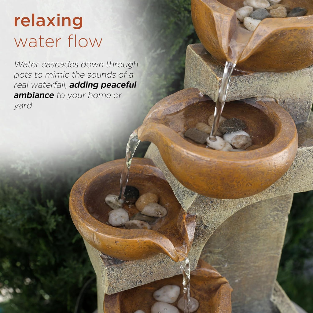 16"H Tabletop Tiered Pouring Pots Waterfall Fountain - Natural Stone-Look Finish Adds Rustic Charm - Brown
