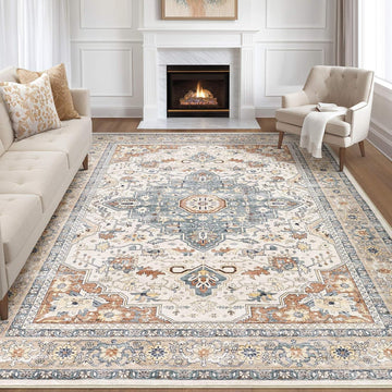 9x12 Area Rug Living Room: Washable Boho Large Neutral Vintage Soft Rugs Stain Resistant Distressed Farmhouse