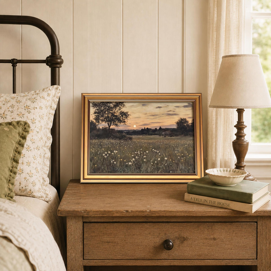 Gold Framed Vintage Landscape Canvas Wall Art, Rustic Wildflower Meadow Poster Painting Print Picture, Countryside