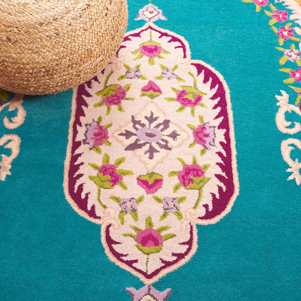 Bellagio Area Rug - 9' x 12', Blue & Pink, Handmade Medallion Wool