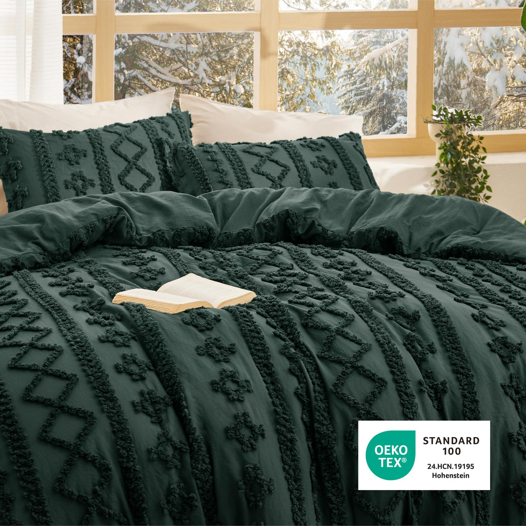 Tufted Boho Comforter Set Twin, Bedroom Decor Bedding Set Dark Green