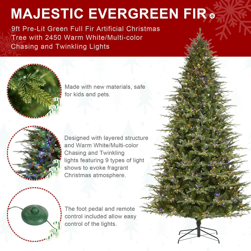 Artificial Christmas Tree, Prelit Hinged Holiday Tree Majestic Evergreen Fir Xmas Tree with 2450 Warm