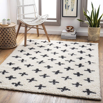 Area Rugs - Soft Mora Moroccan Boho Black Cream Shag Rug Bedroom - Large Geometric Plush Pile Stain Resistant