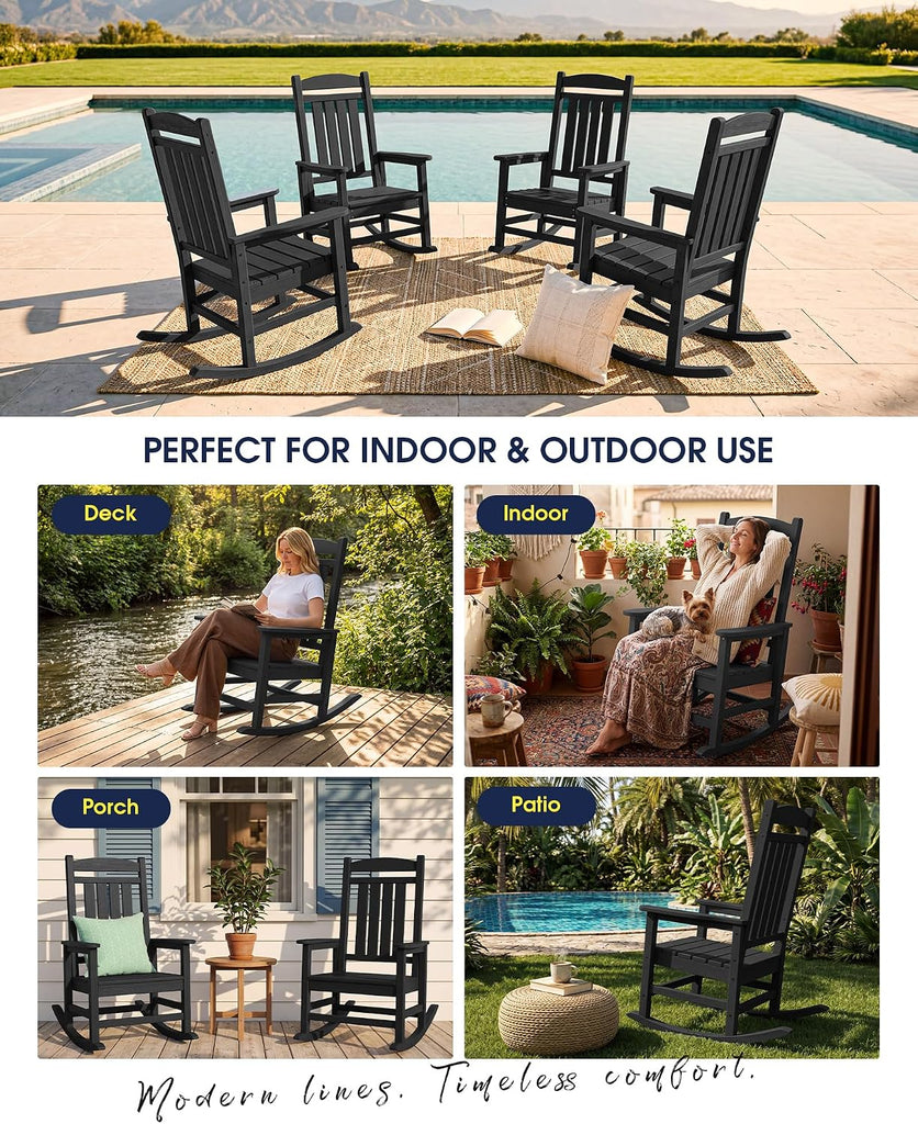 Oversized Outdoor Rocking Chairs Set of 2, HDPE Porch Rocker, Black | - Rocking Chairs for Outdoor with Wide Seat