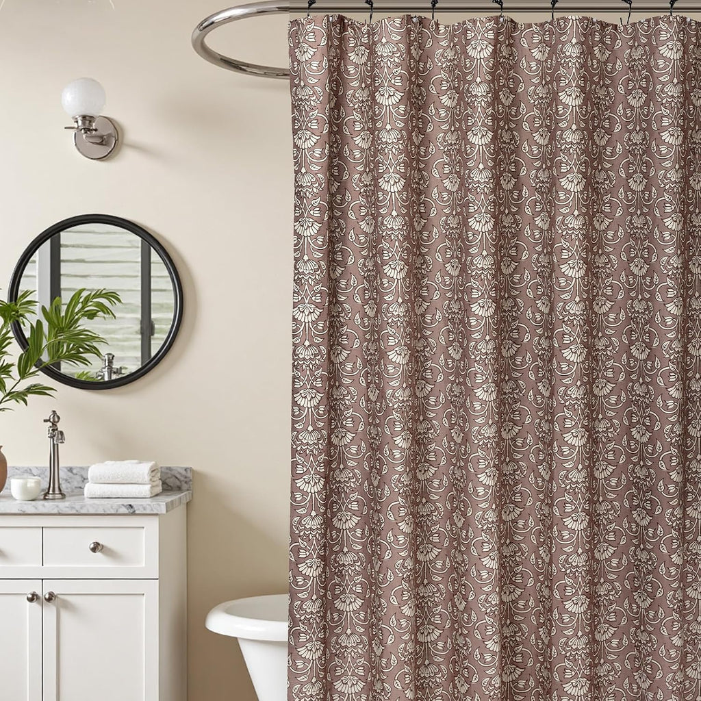 Camel Shower Curtain Vintage Floral Block Print - 72x72 Inches,Cotton Blend Cloth Fabric,Neutral Farmhouse Decorative