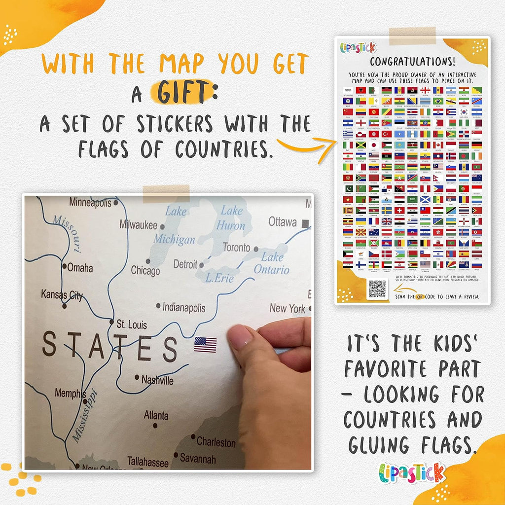 Kids World Map Wallpaper with Animals-Peel and Stick Educational Decals-Nursery Murals for Baby, Toddlers, Boys, Kids
