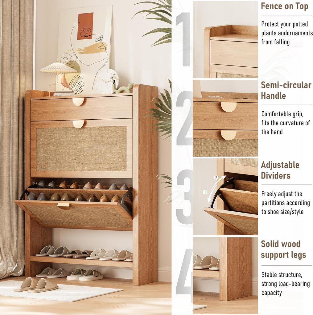 Rattan Shoe Storage Cabinet, Shoe Organizer with 2 Flip Drawers, Narrow Shoe Cabinet, Free Standing Hidden Shoe