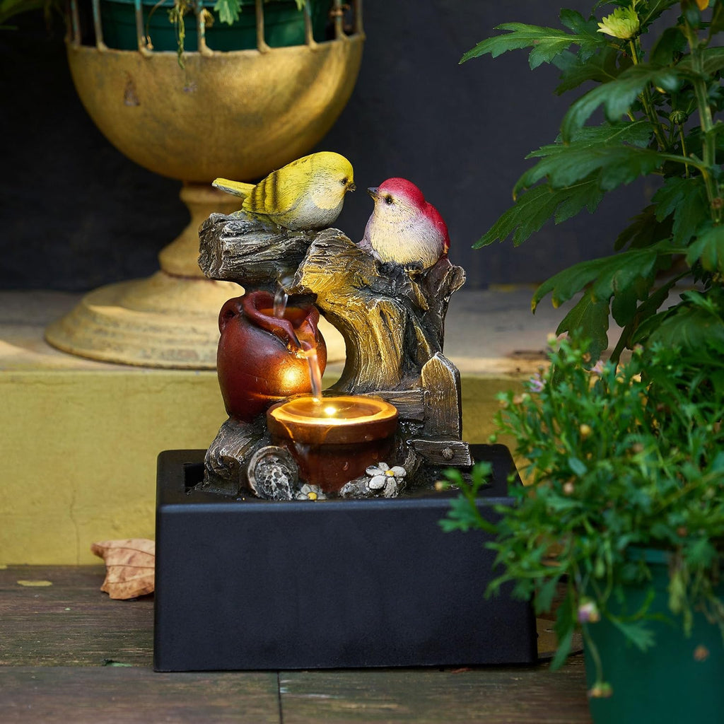 Tabletop Water Fountain Outdoor Decor, Birds Statues Waterfall Fountain Indoor Decor,Include LED Light and Pump,Ideal